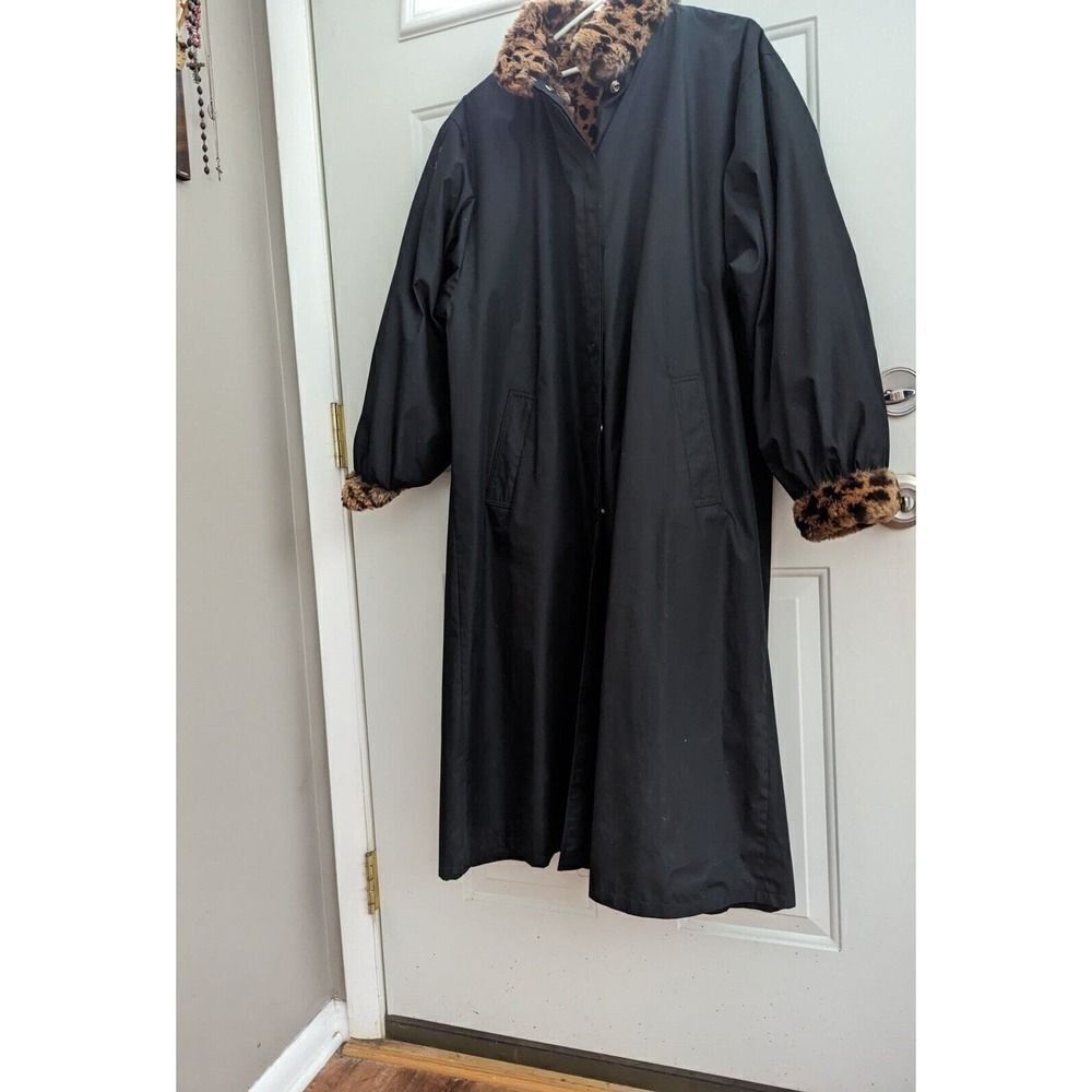 Gallery Reversible Faux Fur Raincoat Women  M Black Knee Length Plush